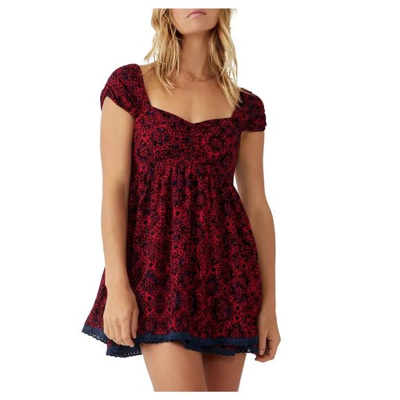 Free People Tabitha Babydoll Printed Mini Dress Long Top Women's Sz XS Cute Boho - Picture 1 of 9